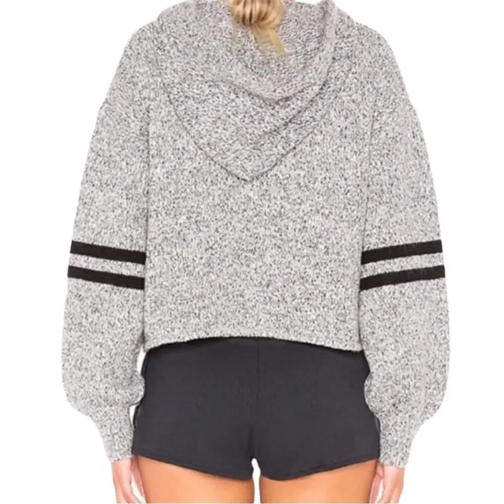 ONZIE Gray Black Varsity Striped Blouson Sleeve Chunky Knit Hoodie Sweater OS